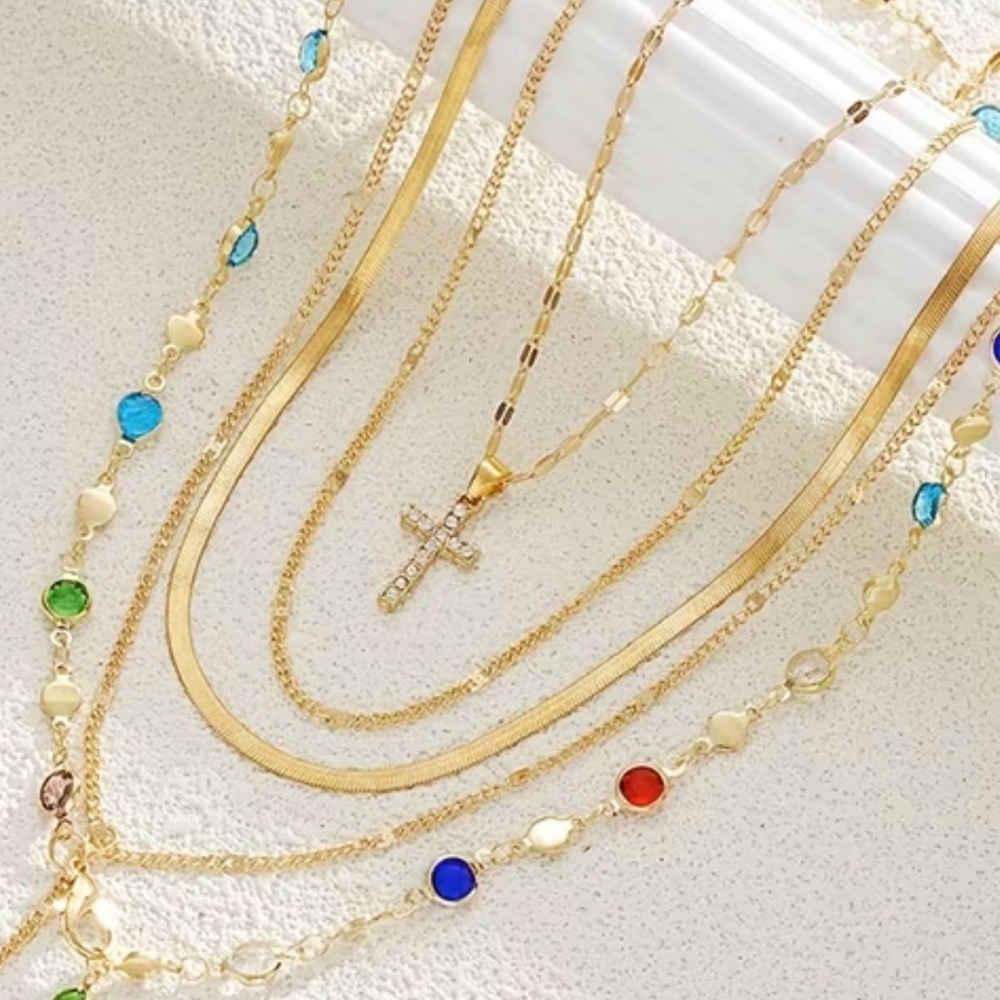 5 pc Set Gold Multi-Color Gem Layered Necklace - Picture 5 of 5